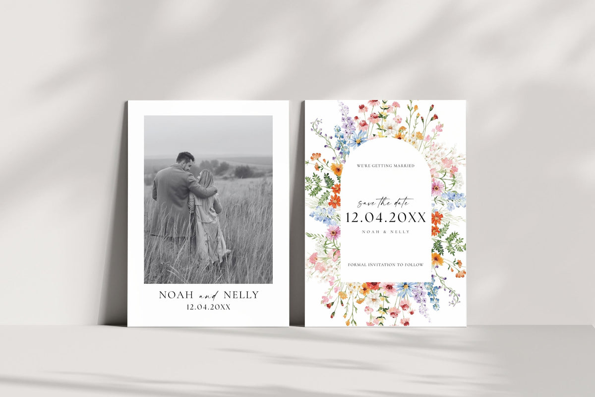 Wildflower Save the Date template bundle with photo card and floral arch card, editable Canva wedding stationery set, printable rustic boho wedding cards