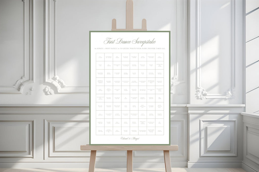 Printable First Dance Sweepstake wedding sign with a fine sage border, displayed on a wooden easel in a light, elegant indoor setting.