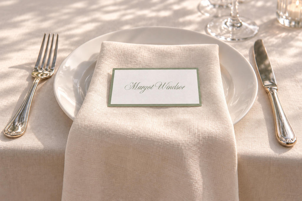 Printable sage green border wedding name card resting on a cream napkin draped over a white dinner plate, with elegant script lettering for a romantic country club wedding table setting.