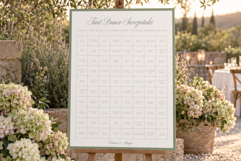 A1 First Dance Sweepstake wedding sign with a sage green border, displayed on an easel among white flowers at an outdoor garden wedding reception.