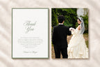 Old money wedding thank you card template with sage green border, elegant script and personalised message, displayed beside a full-page bride and groom photo on textured ivory fabric.