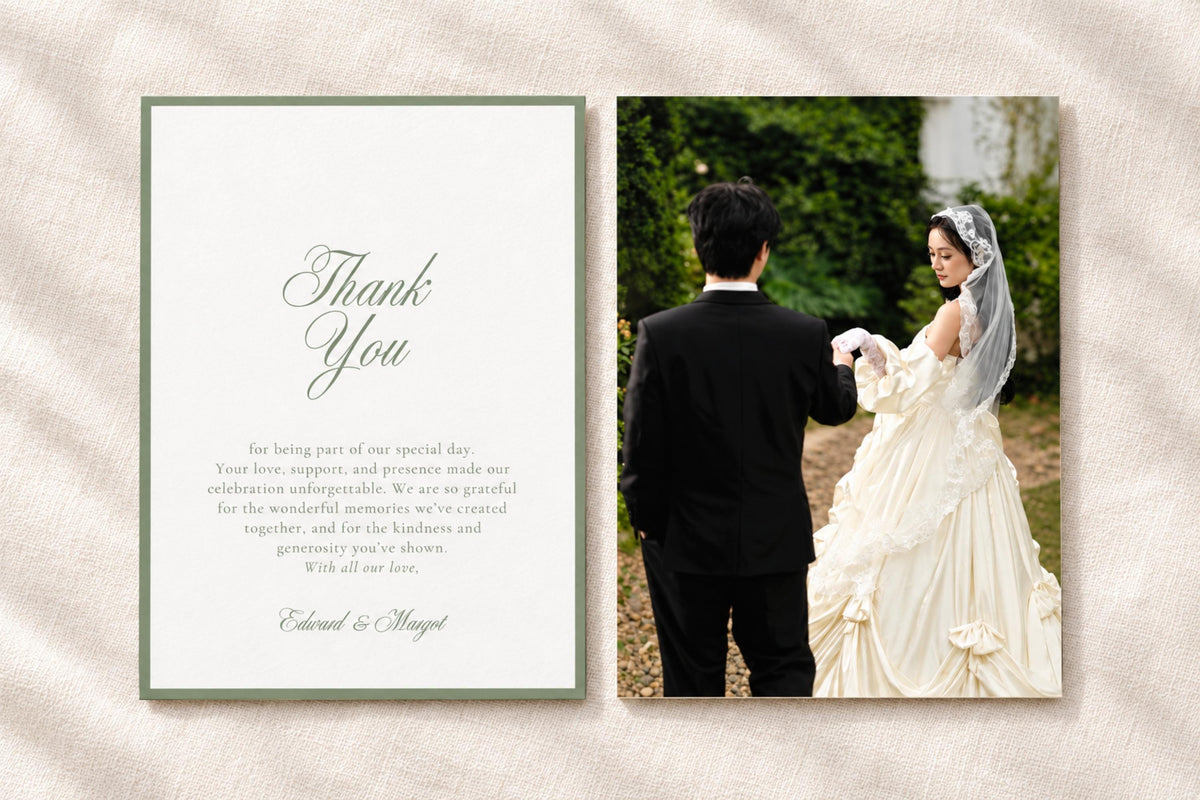 Old money wedding thank you card template with sage green border, elegant script and personalised message, displayed beside a full-page bride and groom photo on textured ivory fabric.