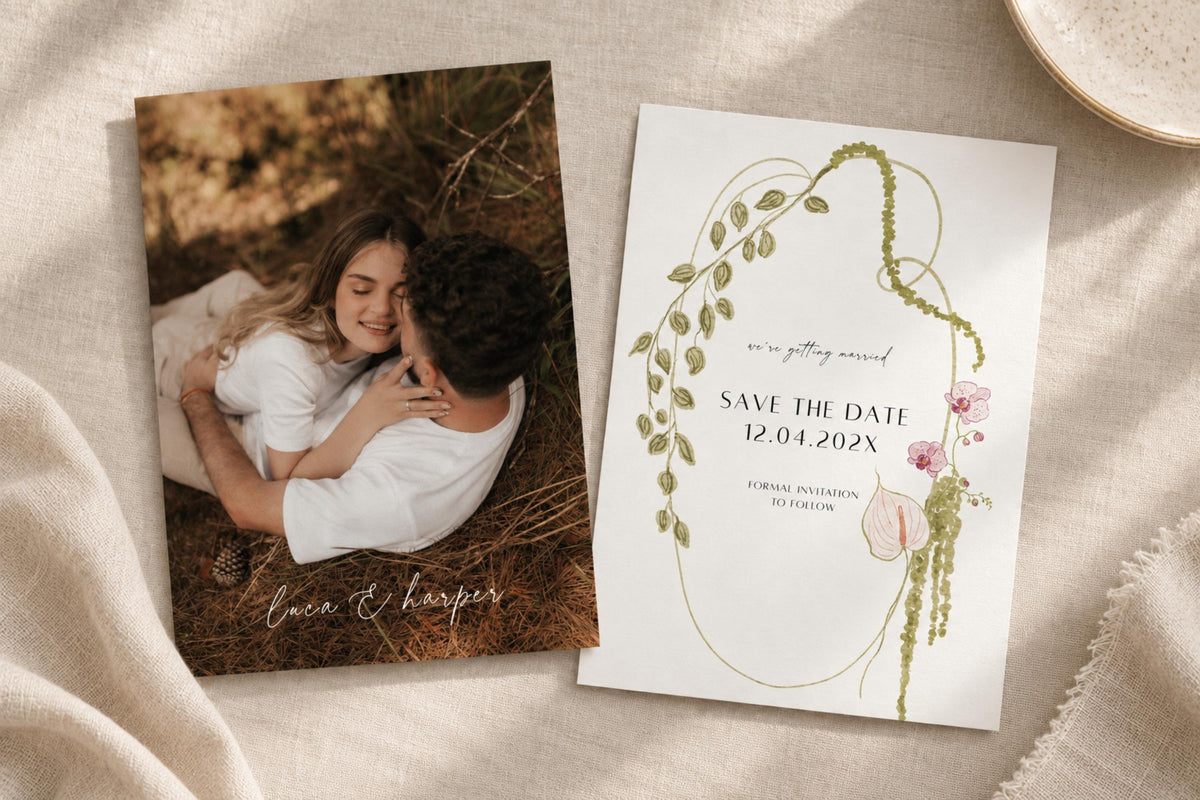 Editable botanical save the date template with couple photo and hand drawn floral wedding card, elegant green garden wedding stationery Canva template