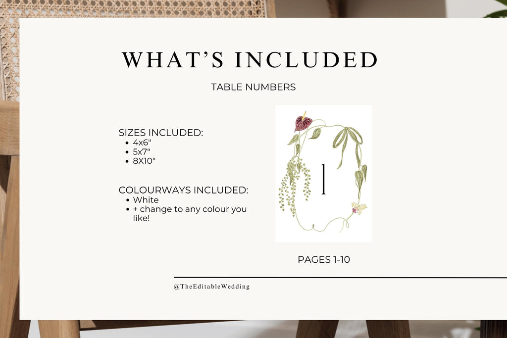 Botanical wedding table number template set with numbers one to ten, three printable sizes and customisable flower colours.