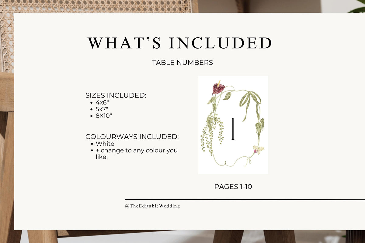 Botanical wedding table number template set with numbers one to ten, three printable sizes and customisable flower colours.