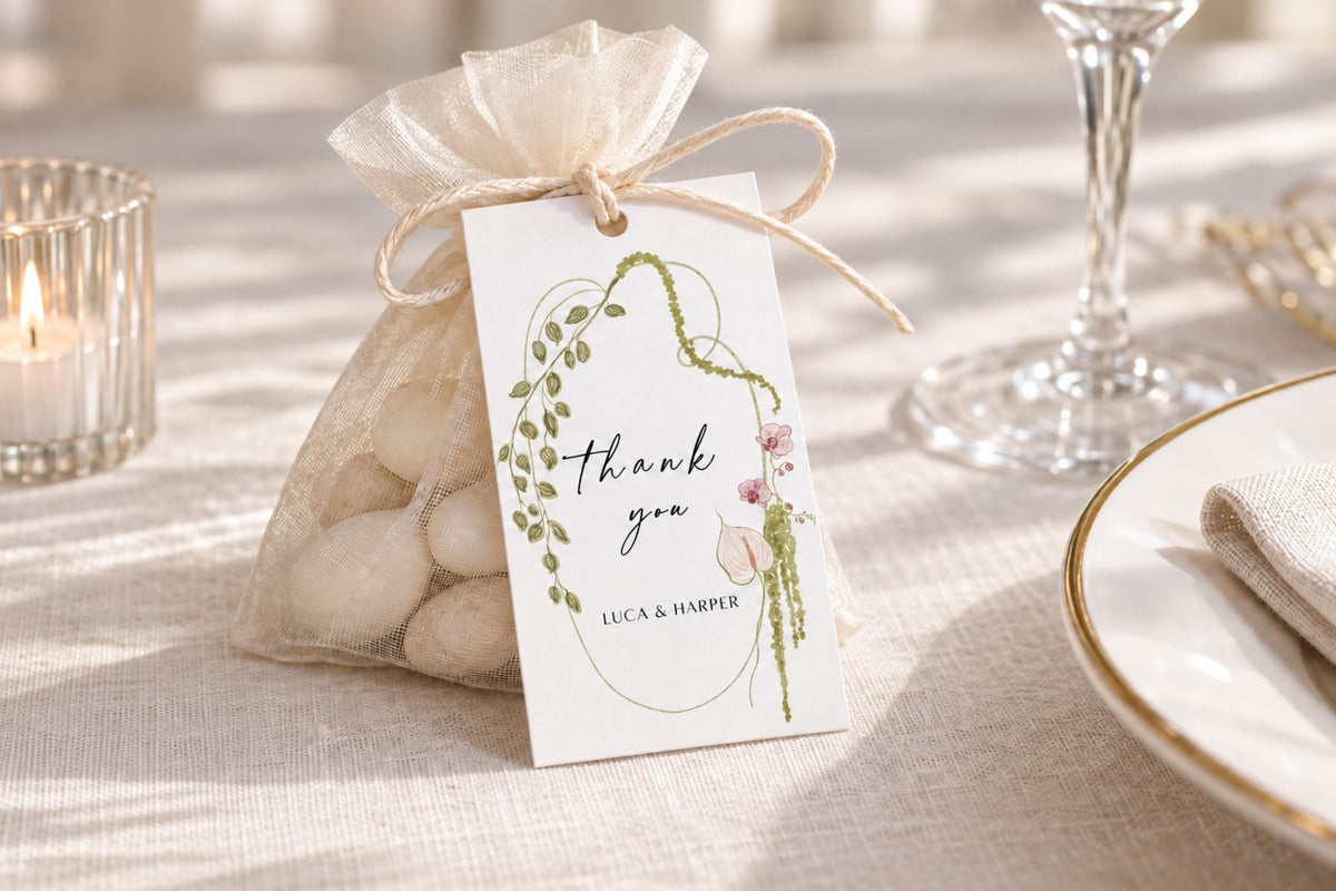 Editable floral wedding favour tag template attached to a clear organza bag of white sugared almonds at an elegant wedding table setting.