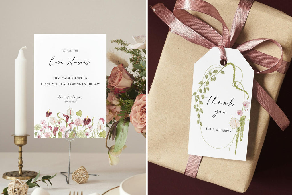 Botanical wedding favour tag and matching small sign with burgundy flowers, styled beside a ribbon-wrapped guest gift.