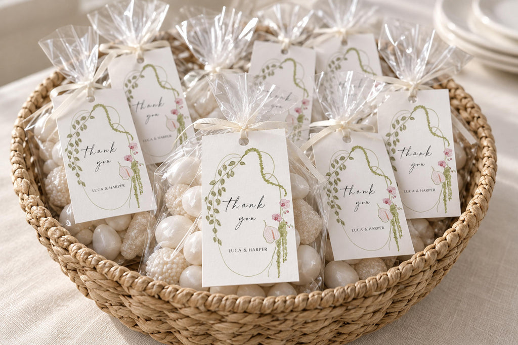 Printable botanical thank you favour tags displayed on organza wedding favour bags filled with white sweets in a woven basket.