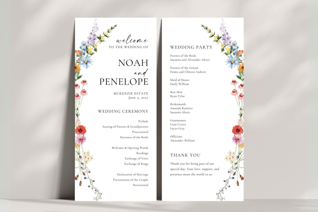Editable wedding welcome sign and order of events program template, botanical floral wedding signage, printable Canva wedding bundle