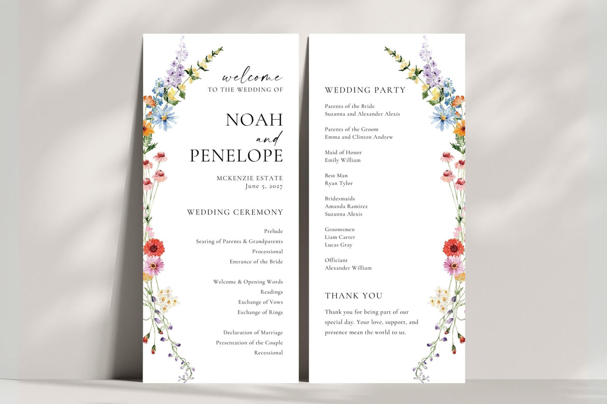 Editable wedding welcome sign and order of events program template, botanical floral wedding signage, printable Canva wedding bundle