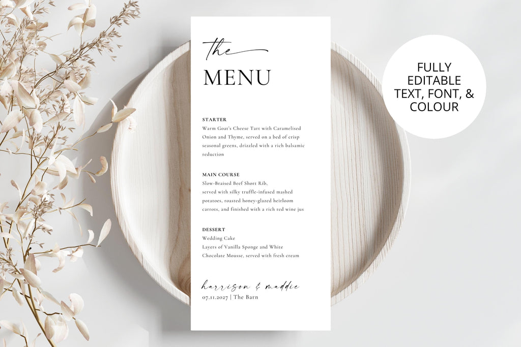Editable minimalist wedding menu template on white plate with dried florals, printable wedding menu card for table settings, Canva template.