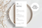 Editable minimalist wedding menu template on white plate with dried florals, printable wedding menu card for table settings, Canva template.