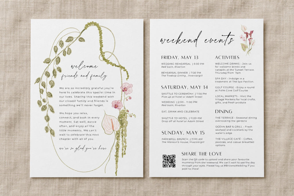 Botanical wedding ceremony program template with a curved green floral border and burgundy flowers, displayed front and back on linen with wedding party details, order of events and a photo sharing QR code.