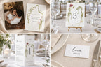 Botanical wedding reception stationery with a floral table number, menu and place card styled on an elegant wedding table.