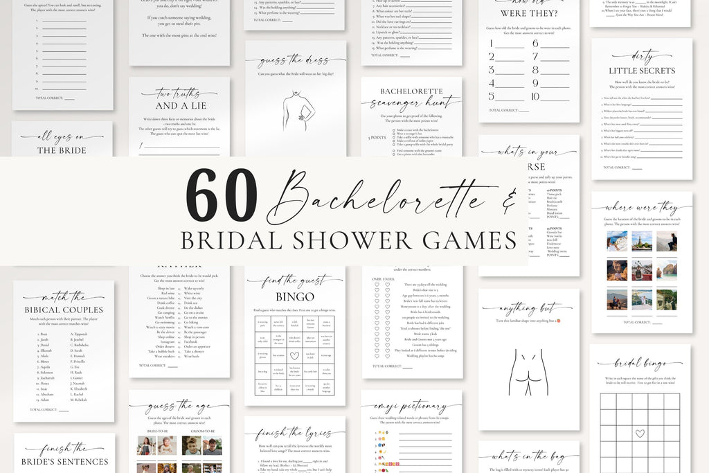 60 Bridal Shower & Bachelorette Party Games Bundle – minimalist printable bridal shower games, editable Canva templates for modern hen party and wedding shower activities.