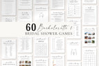 60 Bridal Shower & Bachelorette Party Games Bundle – minimalist printable bridal shower games, editable Canva templates for modern hen party and wedding shower activities.