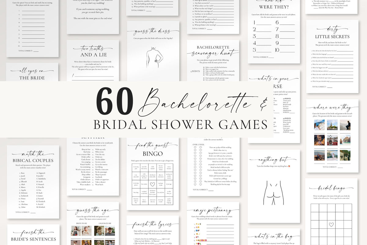60 Bridal Shower & Bachelorette Party Games Bundle – minimalist printable bridal shower games, editable Canva templates for modern hen party and wedding shower activities.