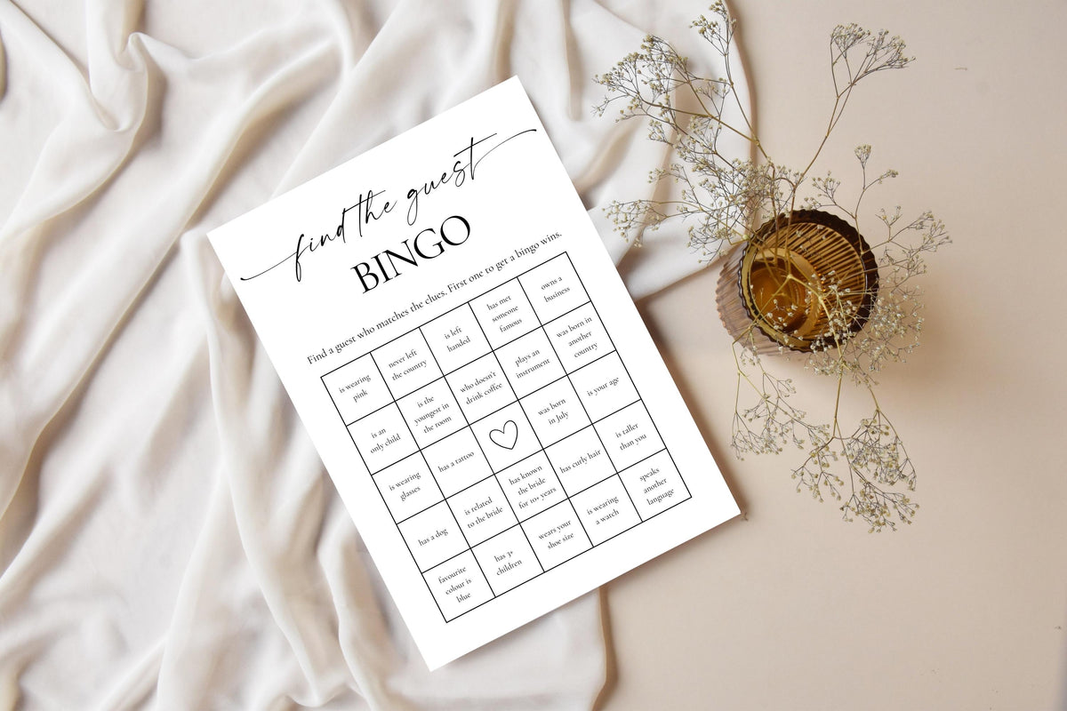 Romantic floral setting with printable bridal bingo game - soft minimalist design for rehearsal dinners, welcome bags or wedding day games
