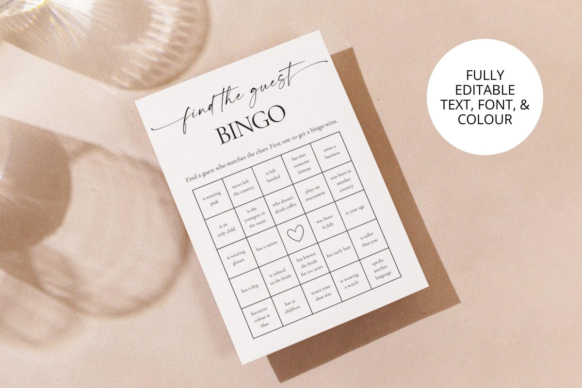 Flat lay of editable bridal shower bingo game on kraft board - fully customisable Canva template for bachelorette or rehearsal dinner activities