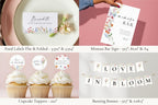 Bridal shower food labels, mimosa bar sign, and cupcake toppers with Love in Bloom wildflower design. Editable Canva templates for boho or spring bridal showers.