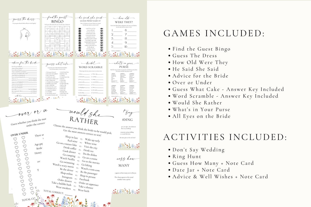 Printable bridal shower games bundle with floral wildflower design. Editable Canva games for spring bridal shower or Love in Bloom bridal shower themes.