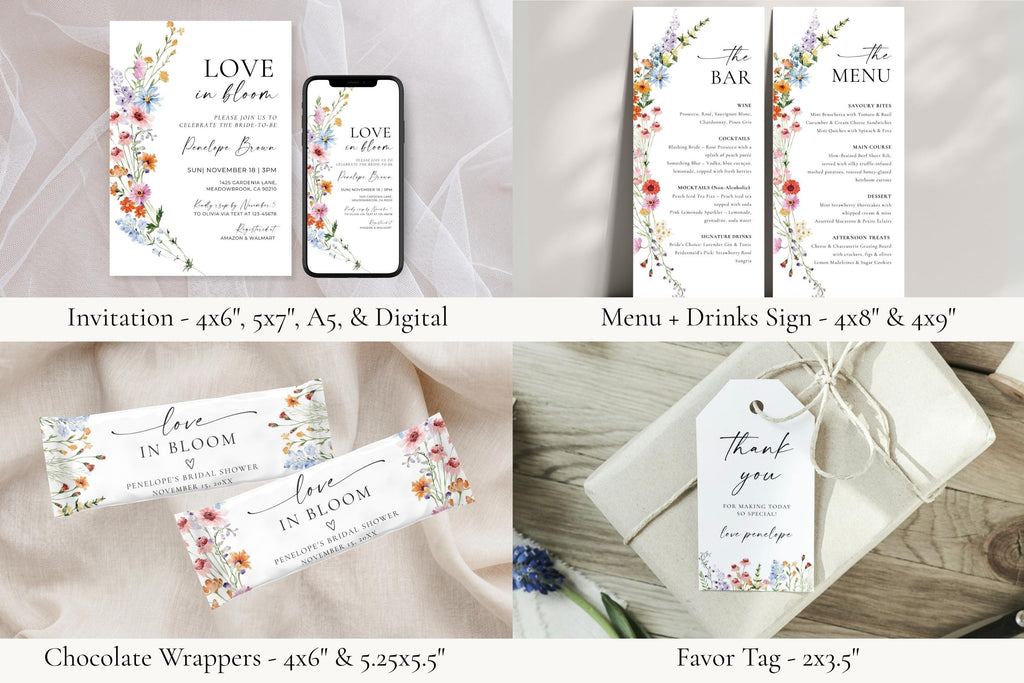 Love in Bloom bridal shower invitation, menu, and favor tag templates. Editable floral invitation set in Canva with watercolor wildflowers for spring weddings.