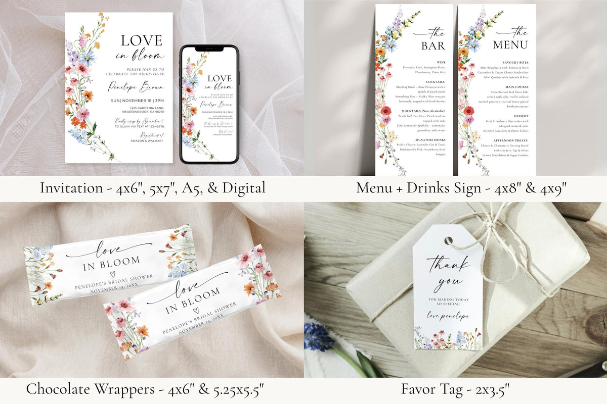 Love in Bloom bridal shower invitation, menu, and favor tag templates. Editable floral invitation set in Canva with watercolor wildflowers for spring weddings.