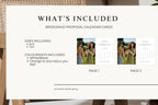 What’s included overview for bridesmaid proposal calendar card template, editable Canva printable file sizes and photo layout details for modern brides