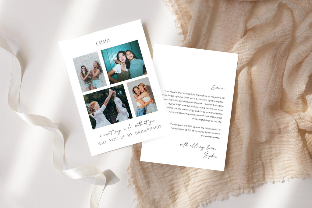 Printable bridesmaid proposal card template displayed on luxury satin fabric, editable Canva bridesmaid proposal card with photo strip collage, personalised wedding party proposal gift, instant download bridesmaid card template.