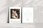 Matching front and back of a sage green bridesmaid proposal card displayed in soft natural light. Personalised friendship photo front and heartfelt message reverse create a romantic printable bridal party invitation.