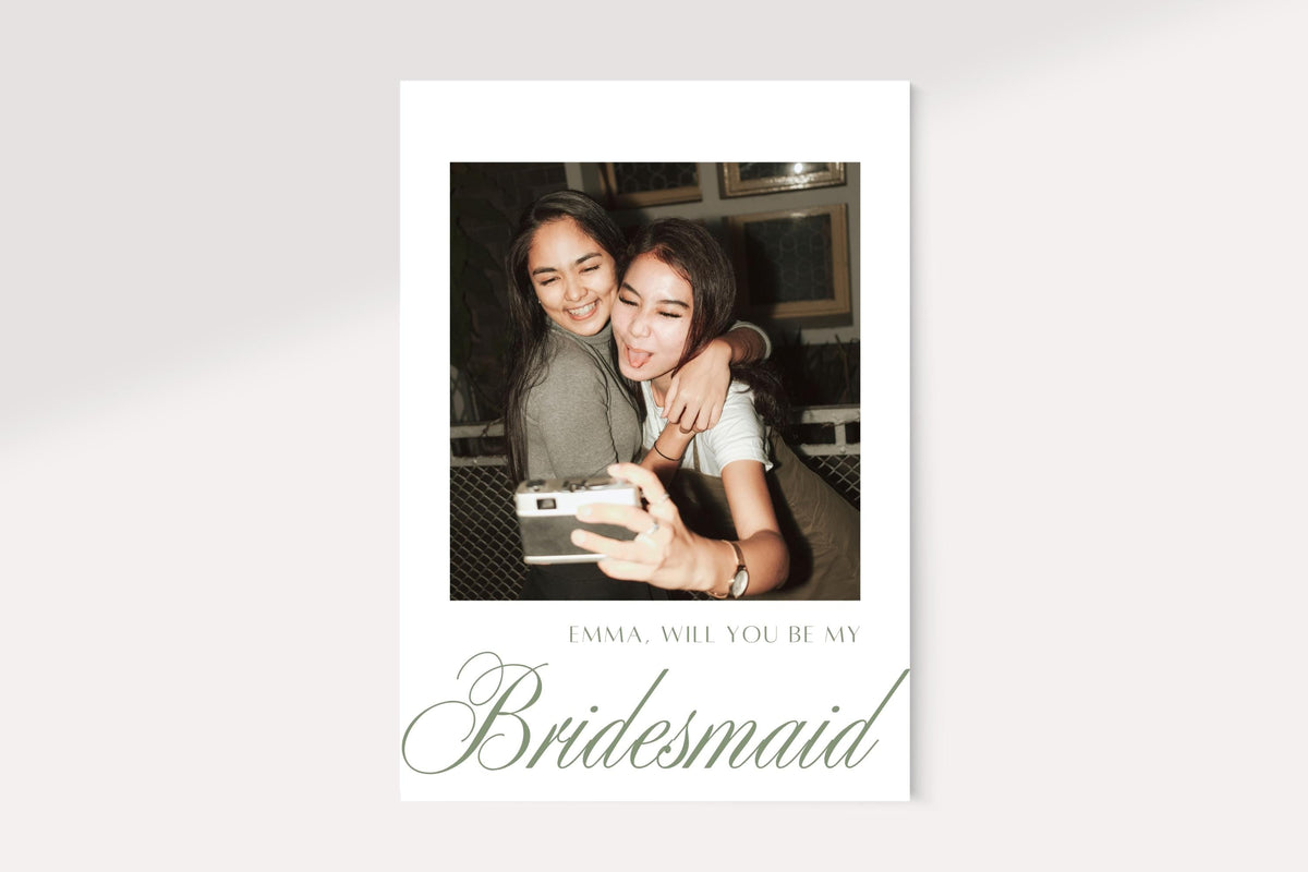 Photo bridesmaid proposal card front with a white border, personalised name and sage green will you be my bridesmaid lettering. Minimalist printable bridal party proposal card with elegant oversized script.