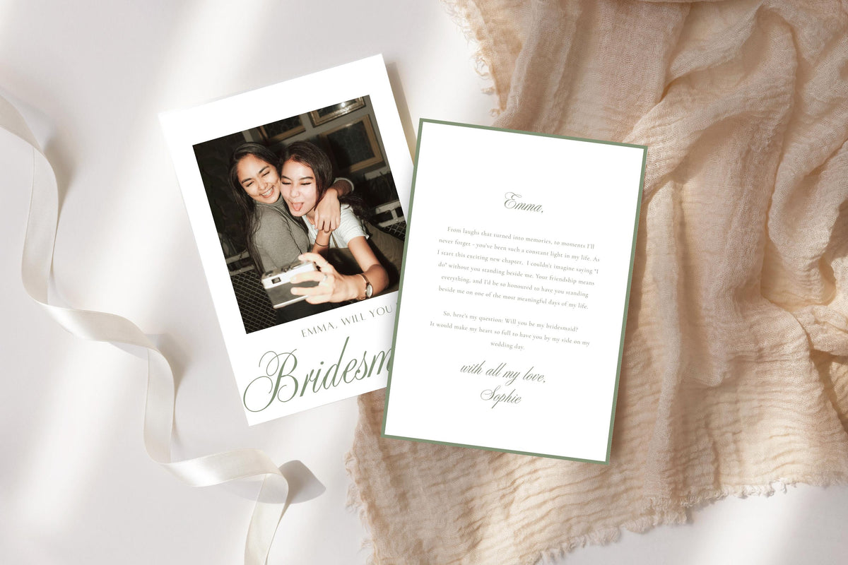 Sage green photo bridesmaid proposal card and matching personal message card on ivory linen with white ribbon. Romantic editable bridal party proposal stationery featuring a friendship photo and elegant calligraphy.