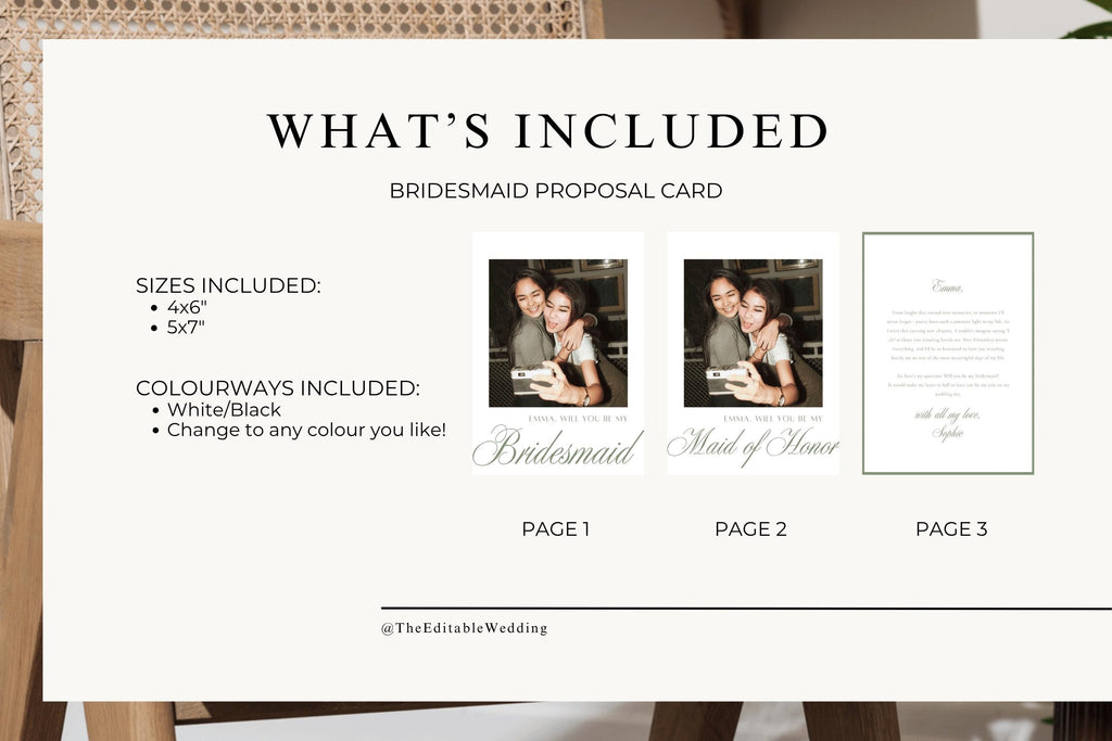 Bridesmaid proposal card template inclusion guide showing bridesmaid and maid of honour photo fronts with a matching sage green bordered message reverse. Overview of editable bridal party proposal designs and included card sizes.