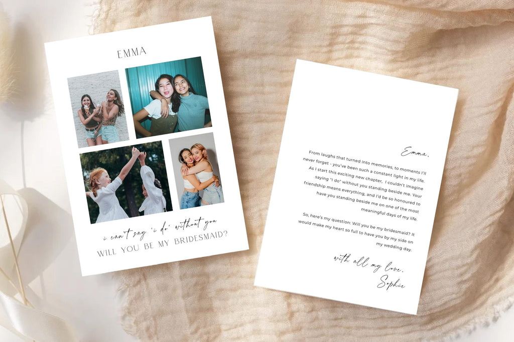 Luxury bridesmaid proposal card template mockup on neutral fabric background, editable Canva bridesmaid proposal card, personalised wedding party proposal card, printable bridesmaid invitation template, photo collage bridesmaid keepsake.