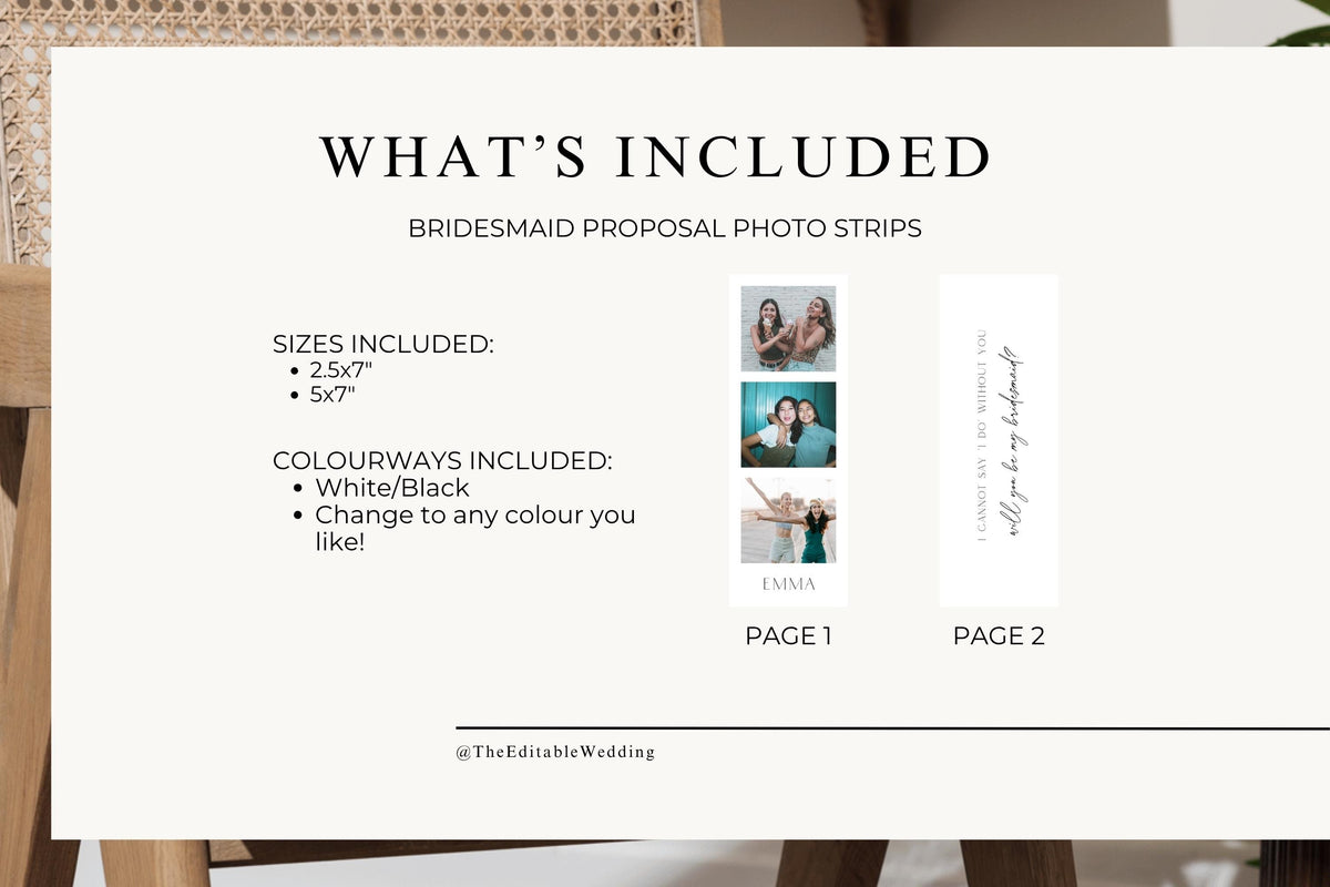 What's included bridesmaid proposal photo strip bookmark template bundle, editable Canva bookmark template, personalised wedding photo bookmark design, printable bridesmaid gift, bridal party proposal keepsake, instant digital download wedding stationery.
