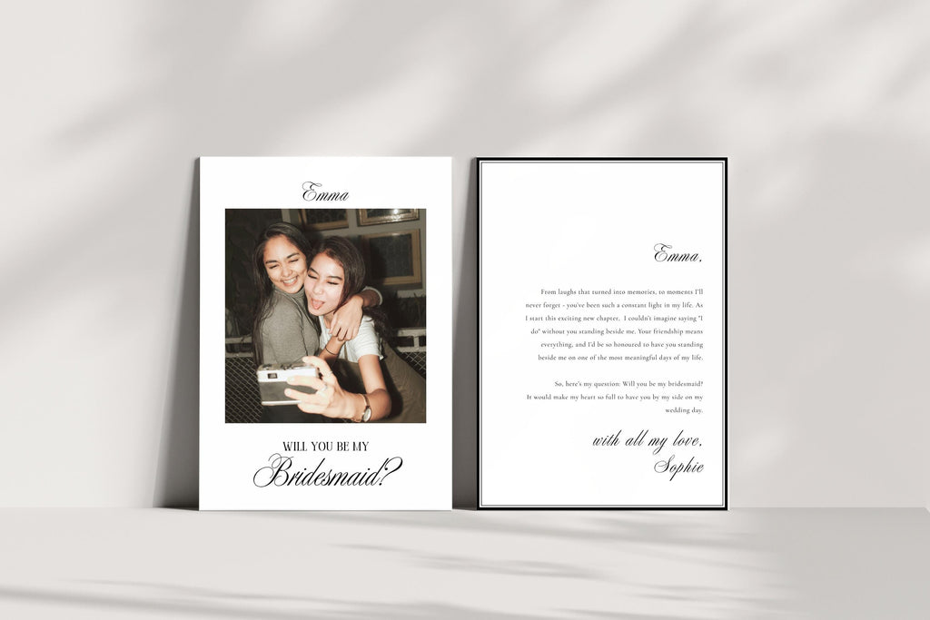 Editable bridesmaid proposal card displayed in luxury mockup, printable Canva bridesmaid proposal template, elegant wedding party announcement card, minimalist digital download