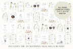 Overview of the 70 wedding sign mega bundle with coordinating burgundy botanical designs, featuring editable floral wedding signage templates in 5 x 7 inch, 8 x 10 inch and A4 sizes.