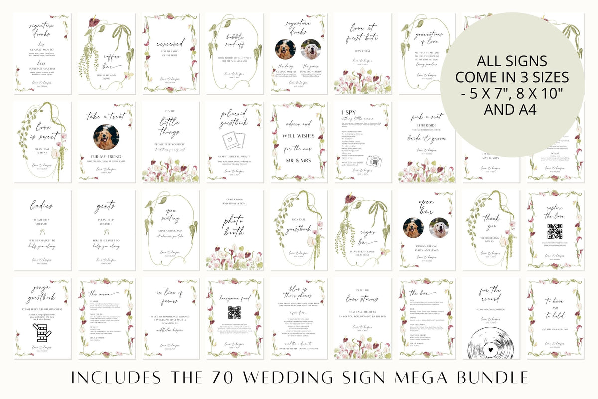 Overview of the 70 wedding sign mega bundle with coordinating burgundy botanical designs, featuring editable floral wedding signage templates in 5 x 7 inch, 8 x 10 inch and A4 sizes.