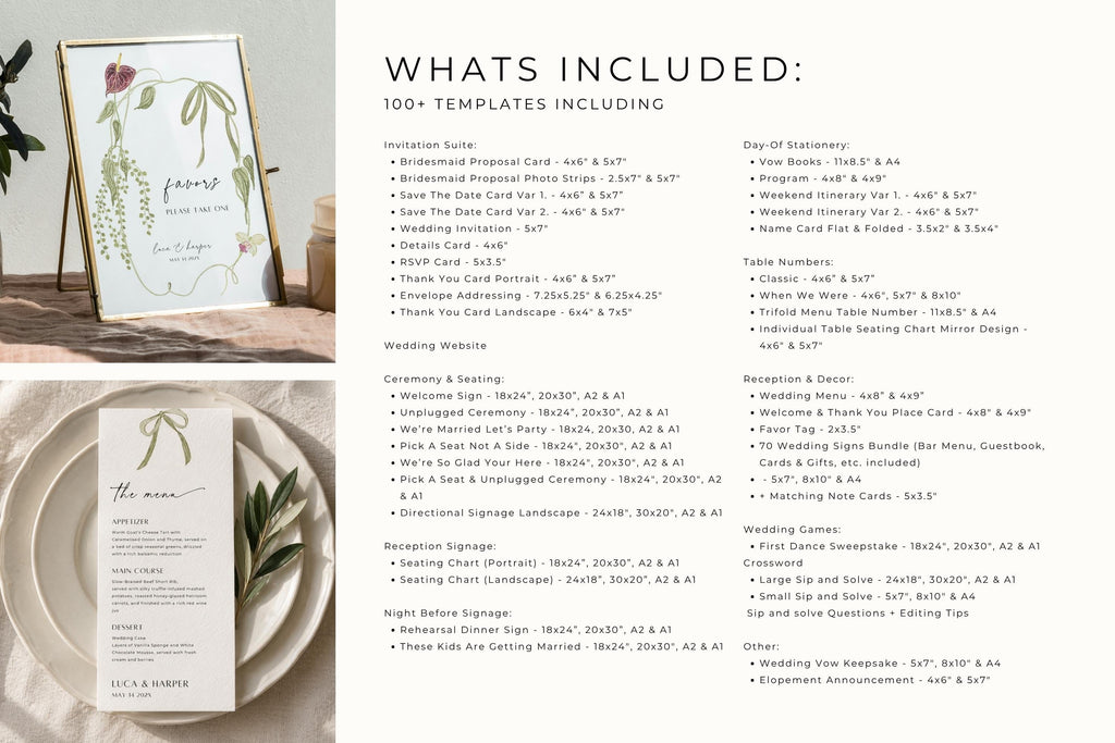What’s included in the burgundy botanical wedding bundle, showing a floral sign and the list of matching editable wedding stationery and signage templates.