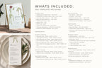 What’s included in the burgundy botanical wedding bundle, showing a floral sign and the list of matching editable wedding stationery and signage templates.