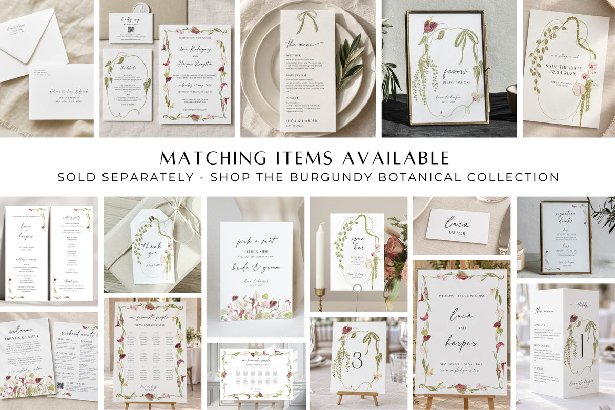 A collage of wedding stationery pieces with botanical and floral illustrations, including menus, invitations, place cards, and tableware, arranged on a light background with the text 'MATCHING ITEMS AVAILABLE' and 'SOLD SEPARATELY - SHOP THE BURGUNDY BOTANICAL COLLECTION.'.
