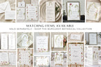 A collage of wedding stationery pieces with botanical and floral illustrations, including menus, invitations, place cards, and tableware, arranged on a light background with the text 'MATCHING ITEMS AVAILABLE' and 'SOLD SEPARATELY - SHOP THE BURGUNDY BOTANICAL COLLECTION.'.