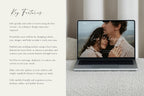 Wedding website information page displayed beside a laptop, with a guest-facing wedding details layout and romantic couple photo for a modern botanical wedding.