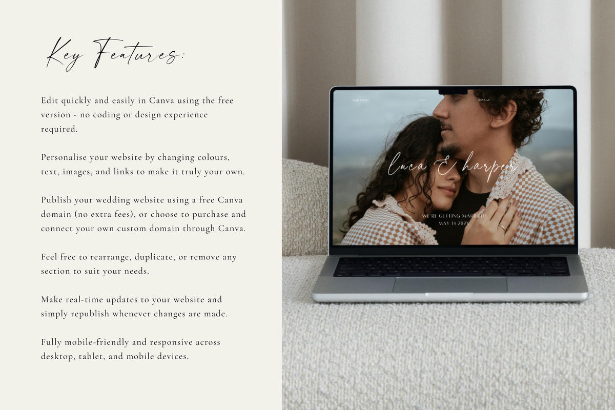 Wedding website information page displayed beside a laptop, with a guest-facing wedding details layout and romantic couple photo for a modern botanical wedding.