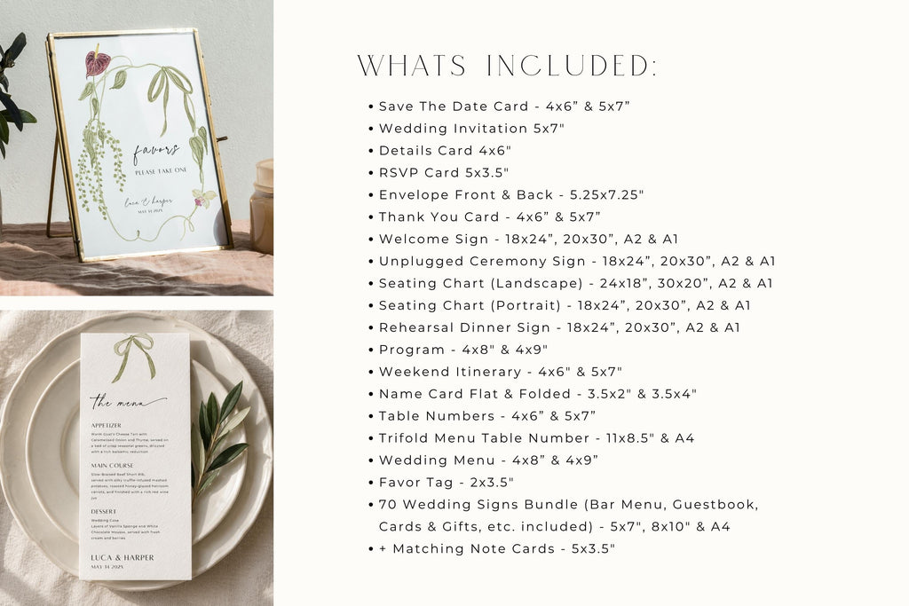 What’s included in the burgundy botanical wedding stationery bundle, showing a template checklist alongside floral welcome sign and wedding menu mockups with elegant green foliage and calla lily details.