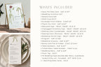 What’s included in the burgundy botanical wedding stationery bundle, showing a template checklist alongside floral welcome sign and wedding menu mockups with elegant green foliage and calla lily details.