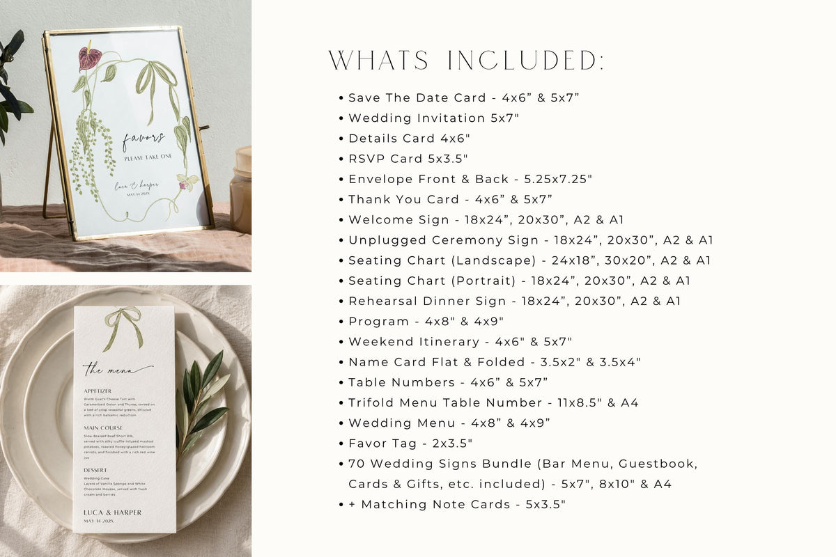 What’s included in the burgundy botanical wedding stationery bundle, showing a template checklist alongside floral welcome sign and wedding menu mockups with elegant green foliage and calla lily details.