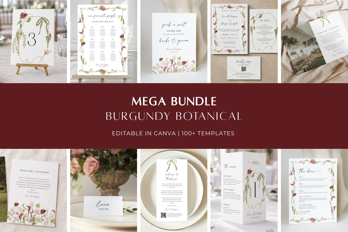 Burgundy botanical wedding stationery mega bundle with floral welcome signs, table numbers, menus, invitations and matching editable Canva wedding templates.