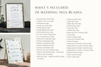 Wedding sign bundle contents showing included editable ceremony and reception templates, with romantic floral borders for coordinated printable wedding stationery.