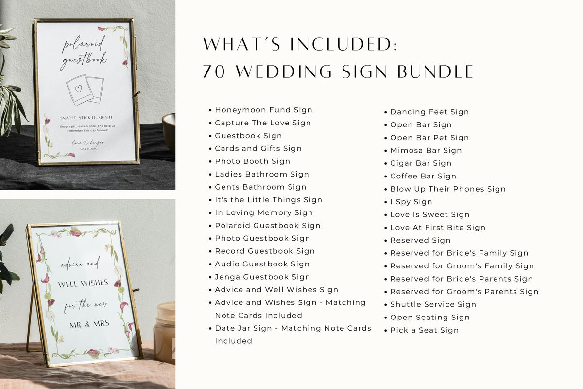 Wedding sign bundle contents showing included editable ceremony and reception templates, with romantic floral borders for coordinated printable wedding stationery.